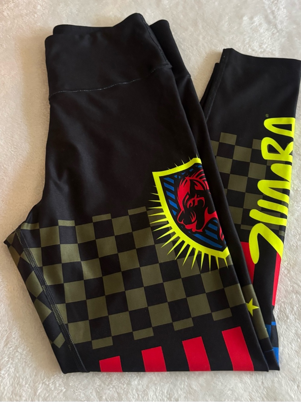 Zumba Fitness Black Leggings with Neon Yellow, Red & Blue Graphic Panels - Picture 3 of 3